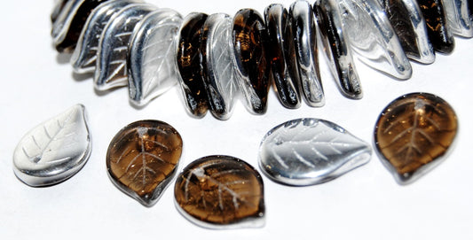 Leaf Pressed Glass Beads, Transparent Brown Crystal Silver Half Coating (10220 27001), Glass, Czech Republic