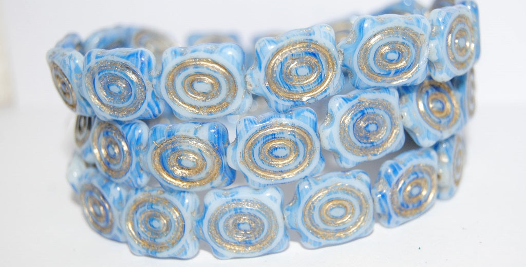 Spiral Turtle Pressed Glass Beads, Opaque White Blue Striped 54202 (35000 54202), Glass, Czech Republic