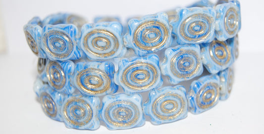 Spiral Turtle Pressed Glass Beads, Opaque White Blue Striped 54202 (35000 54202), Glass, Czech Republic