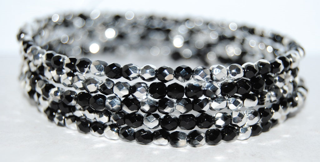 Fire Polished Round Faceted Beads, Black Crystal Silver Half Coating (23980 27001), Glass, Czech Republic