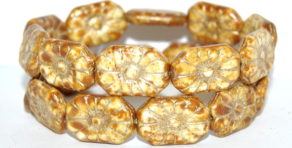 Rounded Rectangle With Flower Pressed Glass Beads, Chalk White 86 54202 (3000 86 54202), Glass, Czech Republic