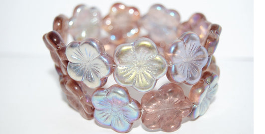 Round Flower Hibiskus Pressed Glass Beads, Transparent Light Amethyst Ab (20020 Ab), Glass, Czech Republic