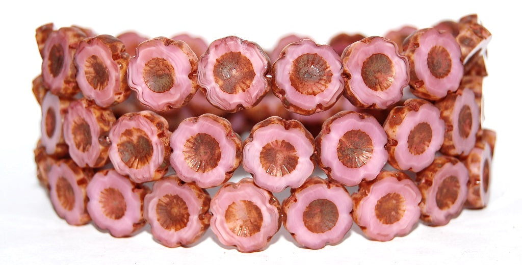 Table Cut Round Beads Hawaii Flowers, Opaque Pink Travertin (73030 86800), Glass, Czech Republic