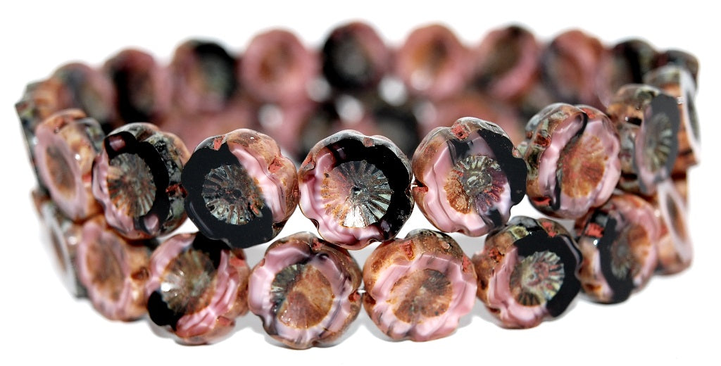 Table Cut Round Beads Hawaii Flowers, Mixpink Black Travertin (Mixpink Black 86800), Glass, Czech Republic