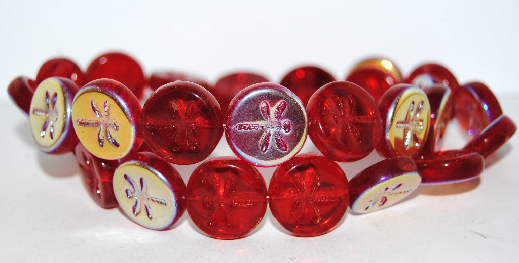 Round Flat Wit Dragonfly Pressed Glass Beads, Ruby Red Ab (90080 Ab), Glass, Czech Republic