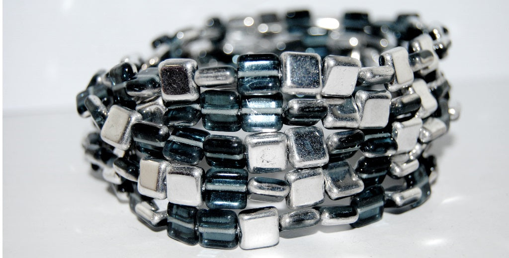 Flat Square Pressed Glass Beads, 30310 Crystal Silver Half Coating (30310 27001), Glass, Czech Republic