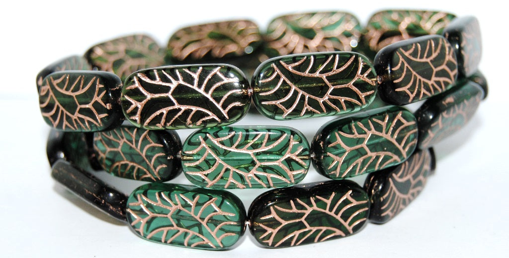 Rectangle With Ornament Pressed Glass Beads, Green Mixed Colors 54200 (Green Mix 54200), Glass, Czech Republic