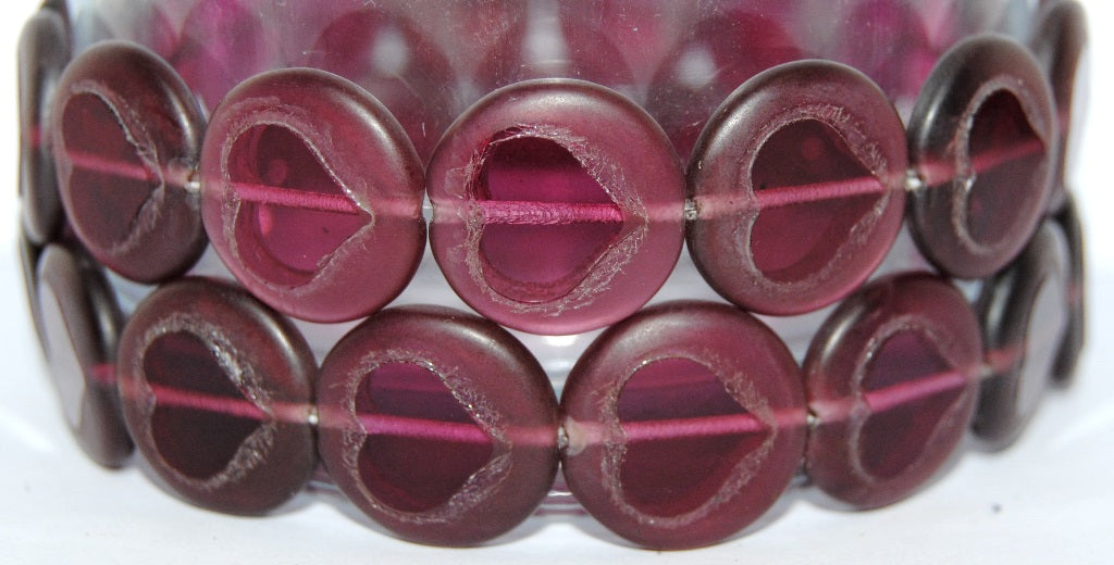 Table Cut Round Beads With Heart, Transparent Pink 14405 (70010 14405), Glass, Czech Republic