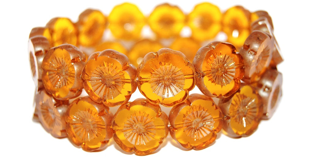 Table Cut Round Beads Hawaii Flowers, Transparent Orange Luster Red Full Coated (90010 14495), Glass, Czech Republic