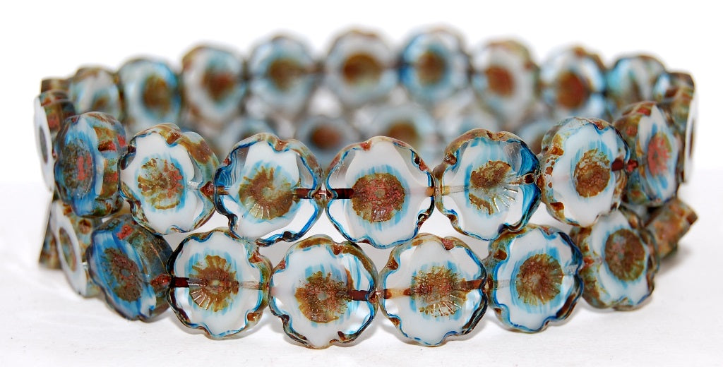 Table Cut Round Beads Hawaii Flowers, Light Blue White Delay Travertin (65016 86800), Glass, Czech Republic