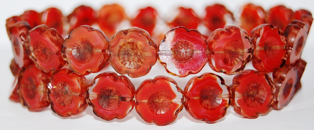 Table Cut Round Beads Hawaii Flowers, Orange Travertin (96028 86800), Glass, Czech Republic