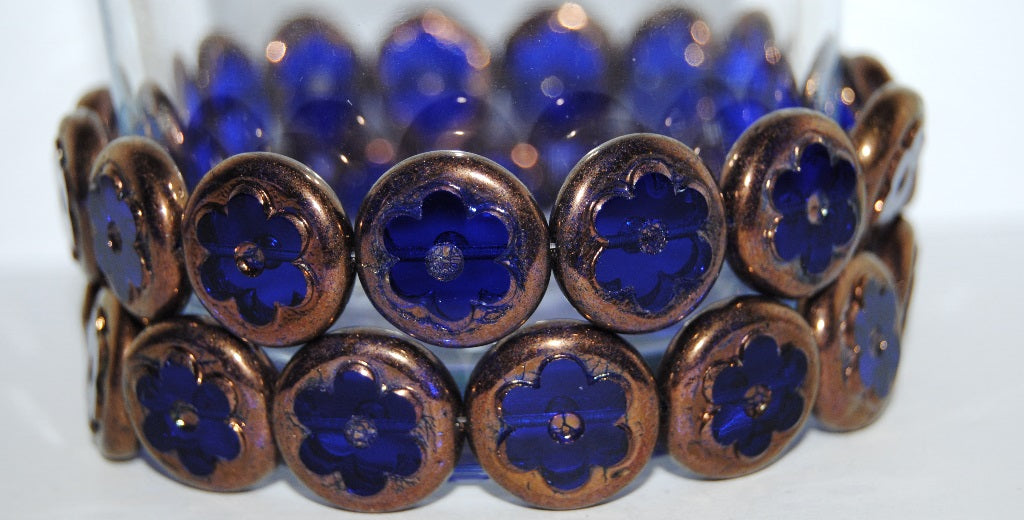 Table Cut Round Beads With Flower, Transparent Blue Bronze (30080 14415), Glass, Czech Republic