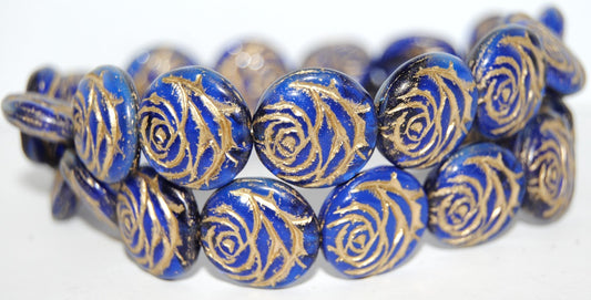 Round Flat Rose Flower Pressed Glass Beads, Mix06308 Rich Blue 54202 (Mix06308 33060 54202), Glass, Czech Republic