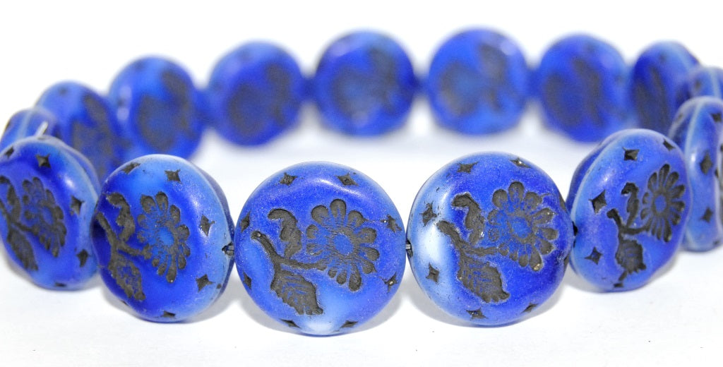 Round Flat With Flower Marguerite Pressed Glass Beads, (37005 23202), Glass, Czech Republic