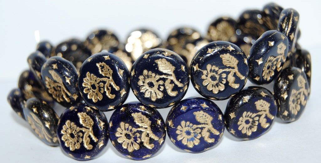 Round Flat With Flower Marguerite Pressed Glass Beads, Transparent Blue 54202 (30090 54202), Glass, Czech Republic