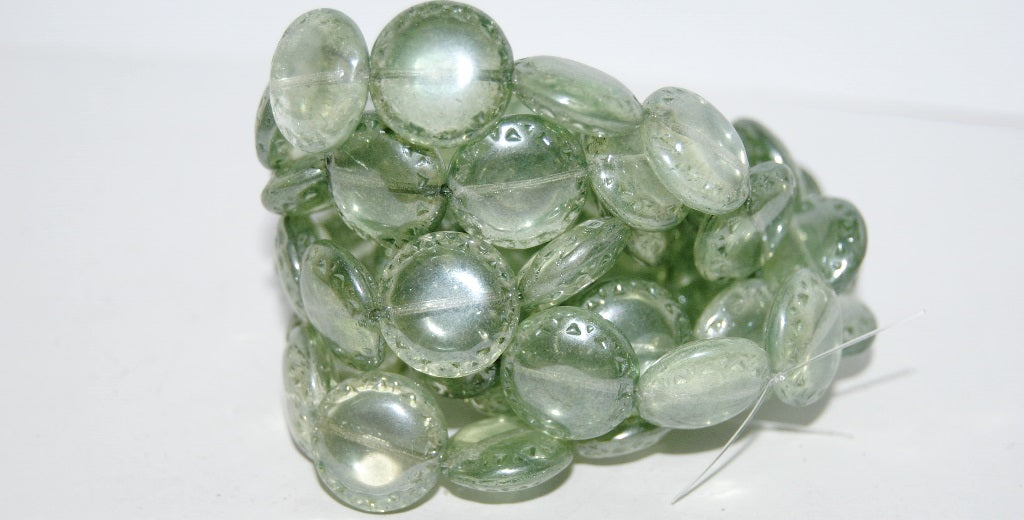 Flat Round Pressed Glass Beads With Ornament, Crystal Luster Green Full Coated (30 14457), Glass, Czech Republic