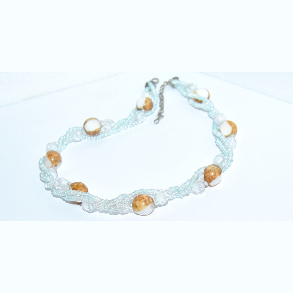 Simple necklace with rocailles seed beads and polished table cut beads, Light Blue (N651210-A)