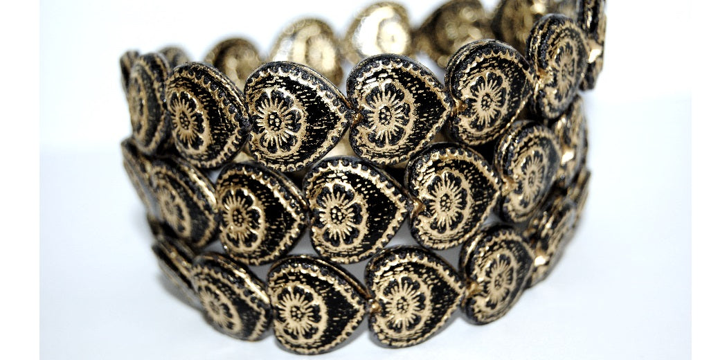 Heart With Flower Pressed Glass Beads, Black 54202 (23980 54202), Glass, Czech Republic