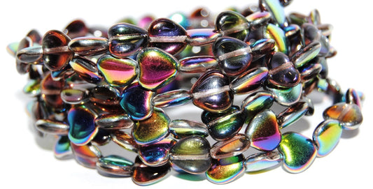 Heart Pressed Glass Beads, Transparent Pink Crystal Vitrail Medium Coating (70120 28101), Glass, Czech Republic