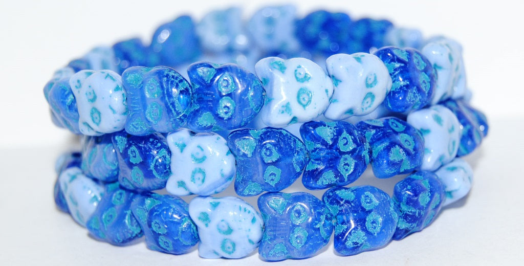 Cat Head Muzzle Pressed Glass Beads, Mixed Colors Blue 46460 (Mix Blue 46460), Glass, Czech Republic