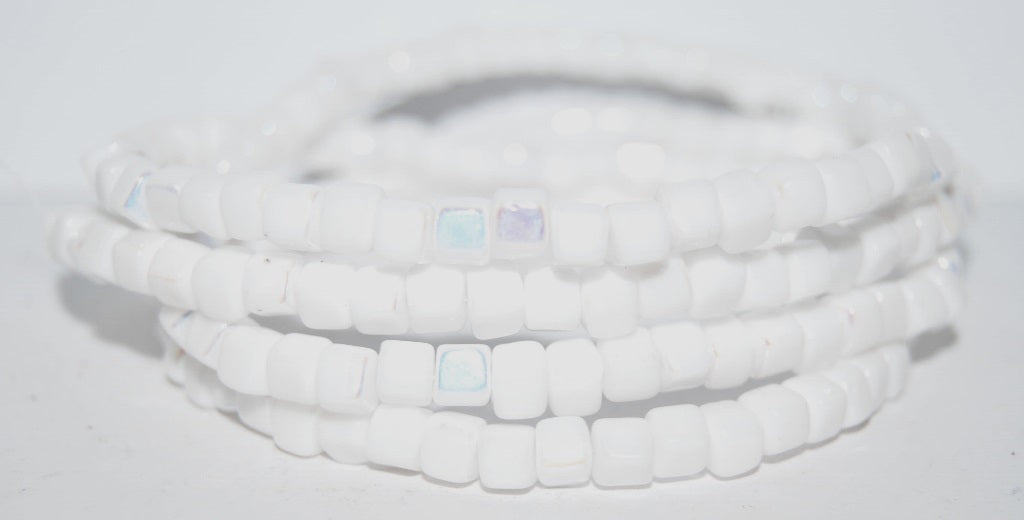 Cube Pressed Glass Beads, Chalk White Ab (3000 Ab), Glass, Czech Republic