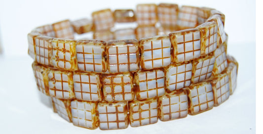 Table Cut Square Beads With Grid, 1000 Travertin (1000 86800), Glass, Czech Republic