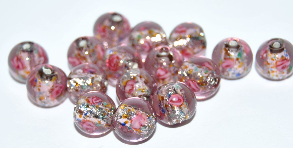 Czech Glass Hand Made Round Lampwork Beads With Silver Plates, (10 C), Glass, Czech Republic