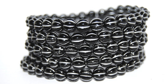 Melon Round Pressed Glass Beads With Stripes, Black 54201 (23980 54201), Glass, Czech Republic