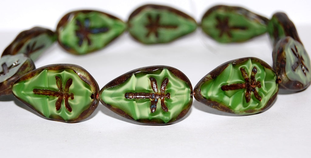 Table Cut Leaf Beads With Dragonfly, 56027 Travertin (56027 86800), Glass, Czech Republic