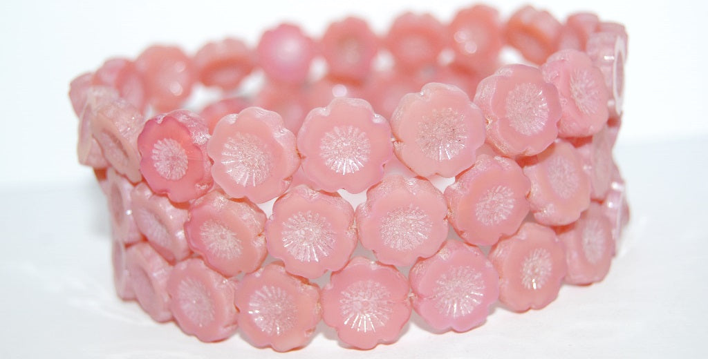 Table Cut Round Beads Hawaii Flowers, 71010C Luster Cream (71010C 14401), Glass, Czech Republic