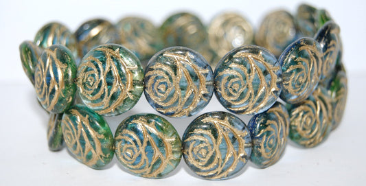 Round Flat Rose Flower Pressed Glass Beads, (57601 54202), Glass, Czech Republic