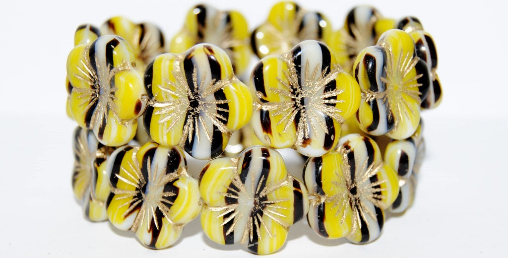 Round Flower Hibiskus Pressed Glass Beads, Yellow White Lined 54202 (85016 54202), Glass, Czech Republic