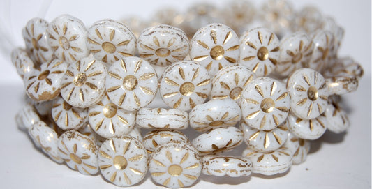 Flower Pressed Glass Beads, White 54202 (2010 54202), Glass, Czech Republic