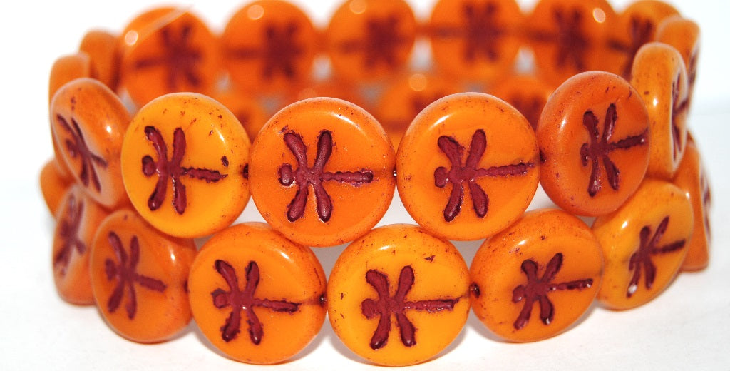 Round Flat Wit Dragonfly Pressed Glass Beads, (81260 46490), Glass, Czech Republic