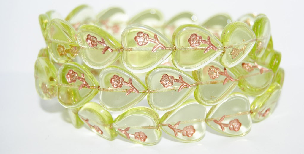Heart Pressed Glass Beads With Flower, Transparent Yellow 54200 (80120 54200), Glass, Czech Republic