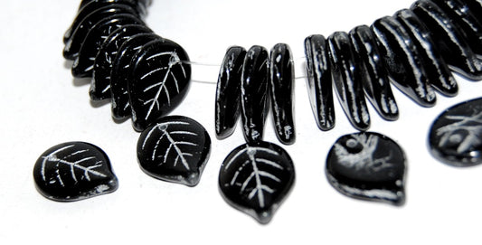 Leaf Pressed Glass Beads, Black 54201 (23980 54201), Glass, Czech Republic