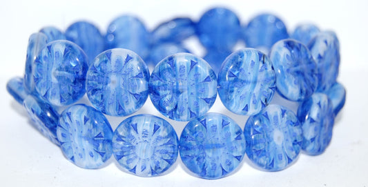 Flat Round With Flower Pressed Glass Beads, (65014 33202), Glass, Czech Republic