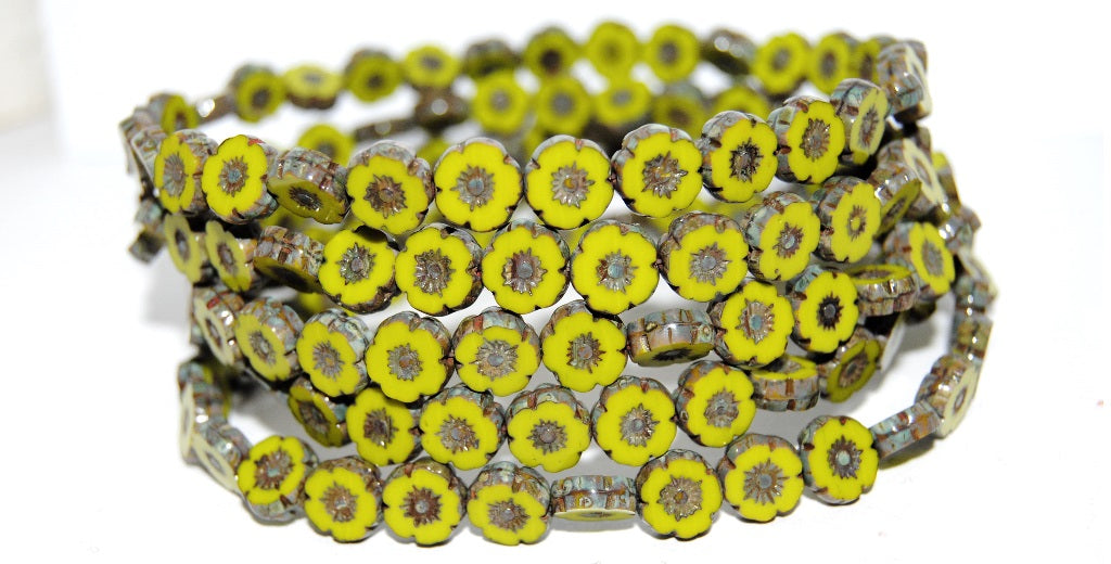 Table Cut Round Beads Hawaii Flowers, Opaque Green 66800 (53400 66800), Glass, Czech Republic