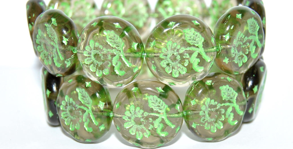 Round Flat With Flower Marguerite Pressed Glass Beads, (40020 43813 Metalic), Glass, Czech Republic
