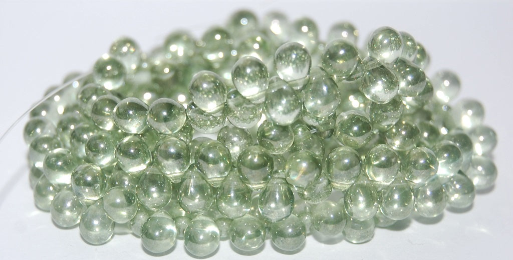 Pear Drop Pressed Glass Beads, Crystal Luster Green Full Coated (30 14457), Glass, Czech Republic