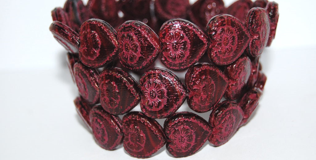 Heart With Flower Pressed Glass Beads, (26907 46490), Glass, Czech Republic