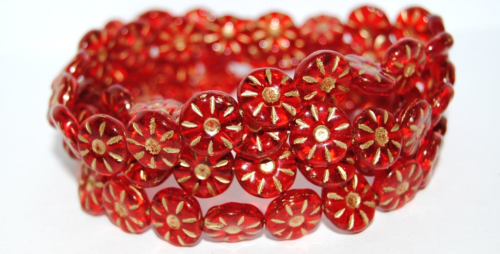 Flower Pressed Glass Beads, Ruby Red 54202 (90080 54202), Glass, Czech Republic