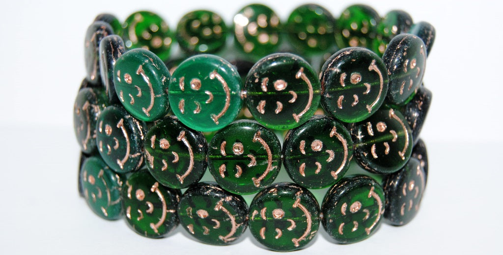 Smile Flat Round Pressed Glass Beads, Transparent Green 54200 (50130 54200), Glass, Czech Republic