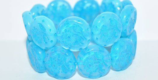 Round Flat With Flower Marguerite Pressed Glass Beads, Opal Aqua 46460 (61000 46460), Glass, Czech Republic