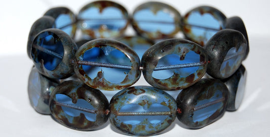 Table Cut Oval Beads, Transparent Blue Travertin (30020 86800), Glass, Czech Republic