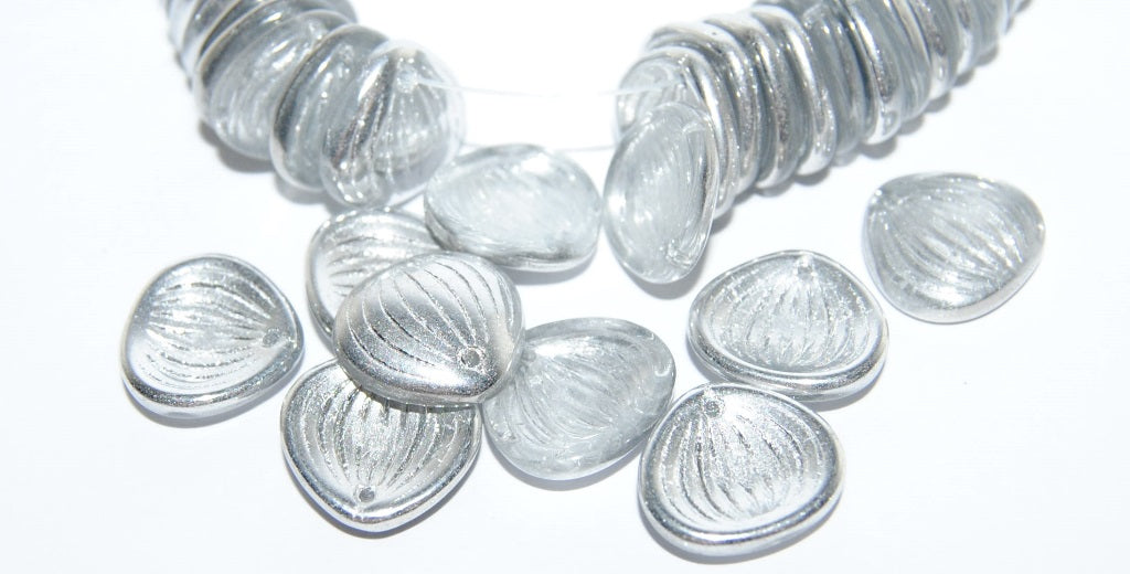 Rounded Leaf Pressed Glass Beads, Crystal Crystal Silver Half Coating (30 27001), Glass, Czech Republic
