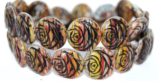Round Flat Rose Flower Pressed Glass Beads, (95810 23202), Glass, Czech Republic