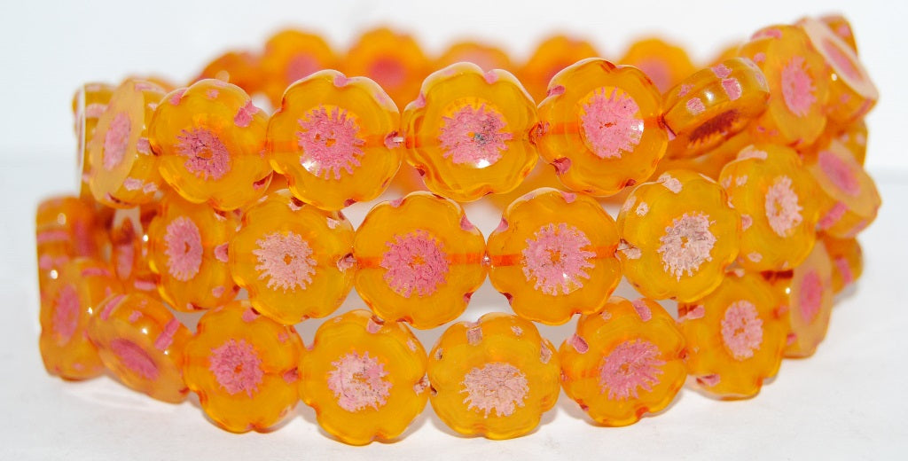 Table Cut Round Beads Hawaii Flowers, Opal Yellow 46470 (81210 46470), Glass, Czech Republic