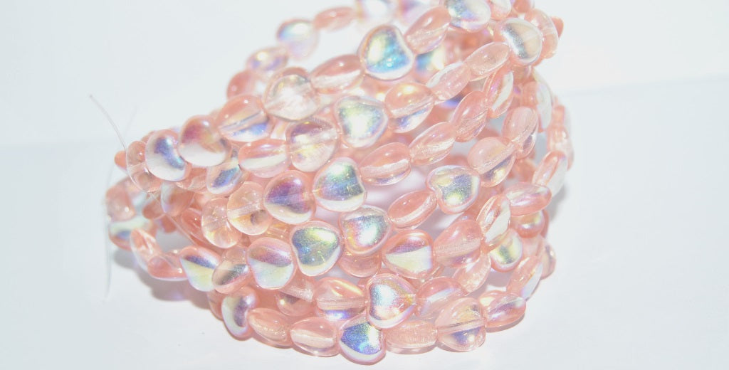 Czech Glass Pressed Beads Hearts, Transparent Pink Ab (70110 Ab), Glass, Czech Republic