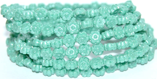 Hawaii Flower Pressed Glass Beads, Turquoise Hematite (63130 14400), Glass, Czech Republic